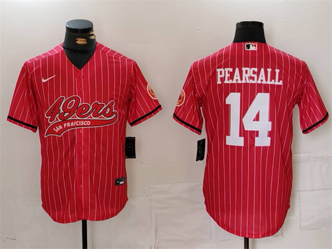 Men's San Francisco 49ers #14 Ricky Pearsall Red With Patch Cool Base Stitched Baseball Jersey Men's San Francisco 49ers #14 Ricky Pearsall Red With Patch Cool Base Stitched Baseball Jersey